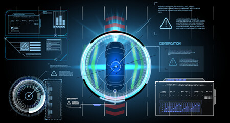Smart cars driving on the road, driverless vehicles, top view. ADAS, ITS system. Smart car (HUD) Car top view with electronic digital interface, parameters and options, scans the road