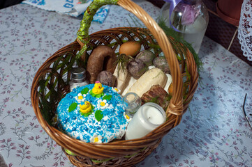 Easter basket, cheese, sausage, salt, eggs.