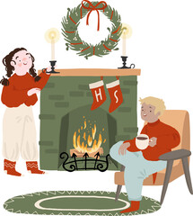 Young couple at home near fireplace. Christmas tree, fire place, gifts, candles, fir wreathes Xmas decoration. Warm romantic cozy interior with people and winter holiday decor. Png illustration