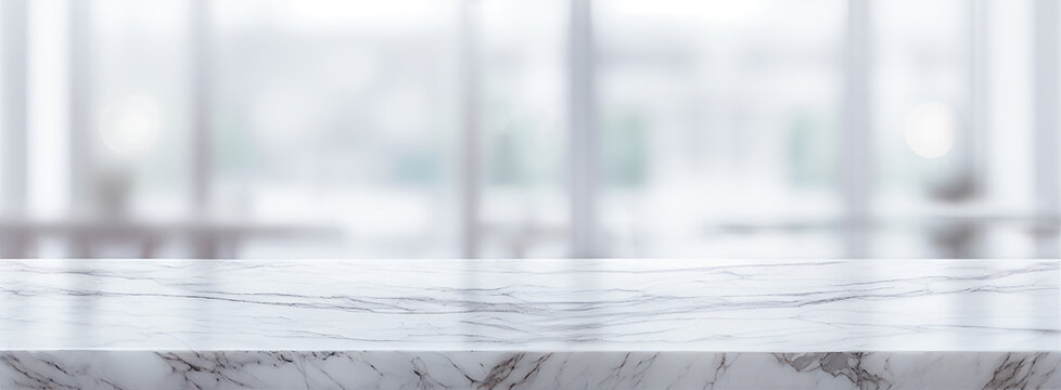 Marble table top and blurred restaurant interior background with vintage filter - can used for display or montage your products.	