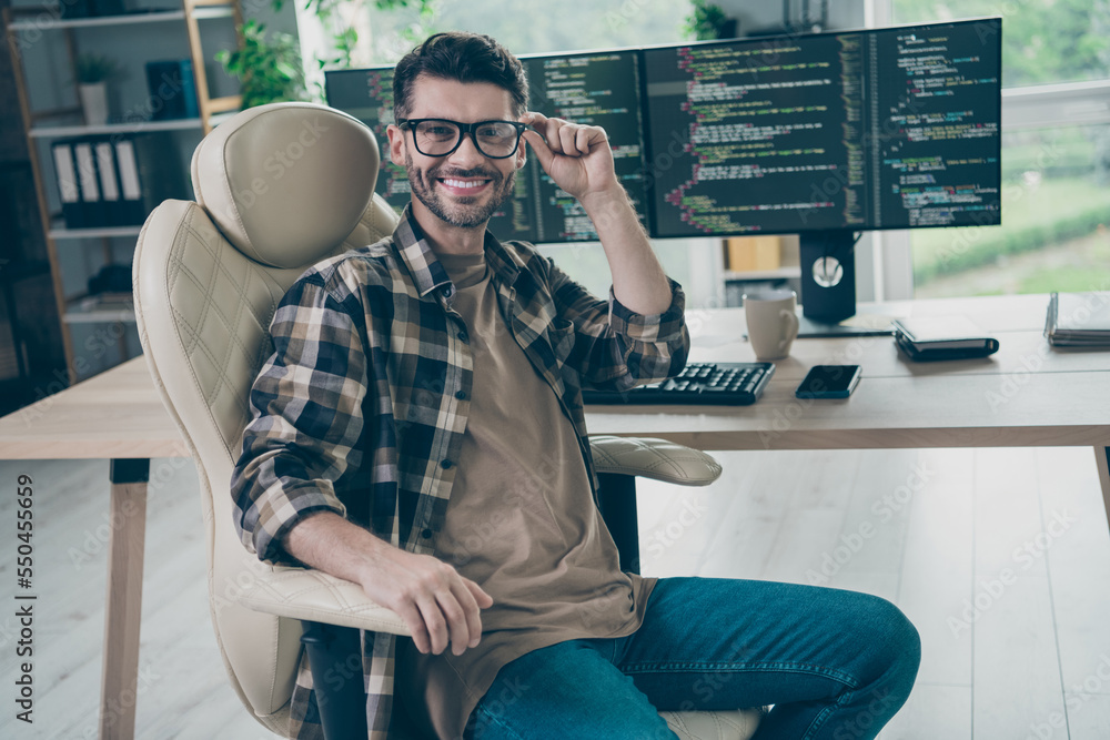 Poster portrait of intelligent pc operator sitting chair hand touch eyewear network security open space ind