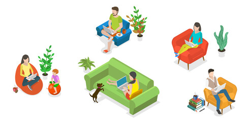 3D Isometric Flat  Conceptual Illustration of Working At Home
