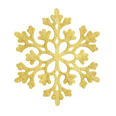Golden snowflake isolated on white background.