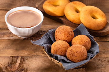 Colombian traditional food - Breakfast with pandequeso, buñuelo and hot chocolate