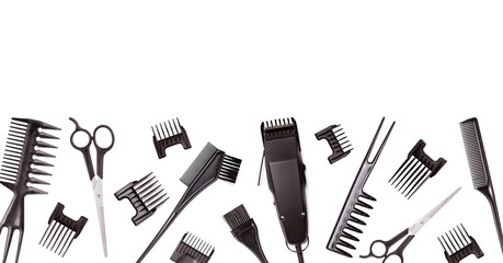 Professional hair clipper with set of nozzles of different sizes isolated on white background, banner. Top view. Copy space for text