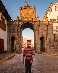 Fototapeta na wymiar person standing in front of the old church colonial peru cusco