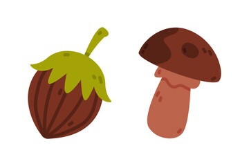 Brown Acorn and Mushroom as Forest Autumn Elements Vector Set