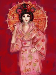 geisha in a kimono with an umbrella on a red background in Japanese traditions