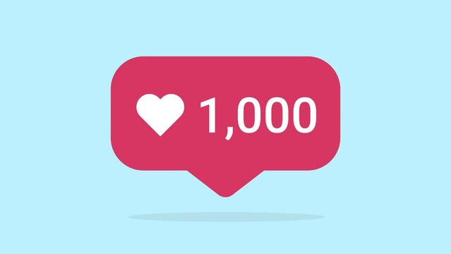 Social media likes symbol - Flat design animation of red bubble with heart symbol and number counting to 1000