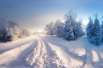 Obraz premium snowy alley in winter, winter postcard concept