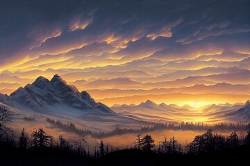 sunset in snowy mountains, wintery postcard concept