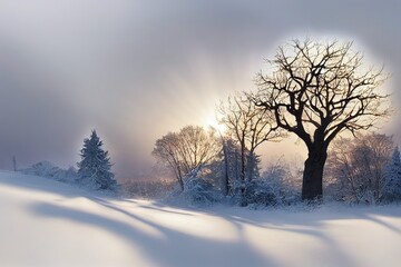 Fototapeta na wymiar Tree in winter landscape in the morning