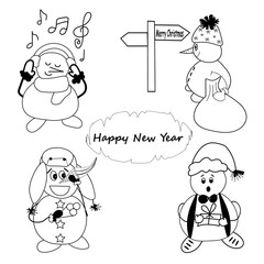 Vector doodle illustration of holidays snowman with gifts. Funny snowmen in different costumes isolated on white background. Christmas and New Year set for design.