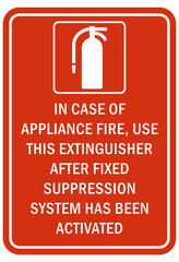 Naklejka premium Fire extinguisher instruction sign and labels in case of appliance fire use this extinguisher after fixed suppression system has been activated