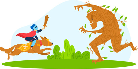 Fototapeta premium Monster fight with knight warrior in medieval armor, vector illustration. Cartoon fantasy battle in fairy tale, brave man character with sword