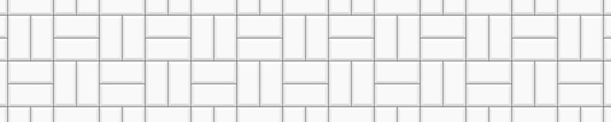 White basketweave tile pattern. Stone or ceramic subway wall background. Kitchen backsplash surface. Shower, toilet or bathroom floor texture. Pavement mosaic layout. Vector flat illustration