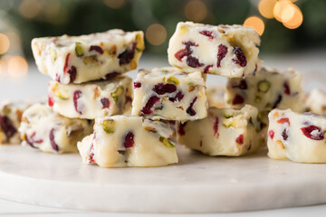 A platter of white chocolate cranberry and pistachio fudge for the holidays.