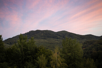 Beautiful view in the mountains landscape, green slopes of the mountains