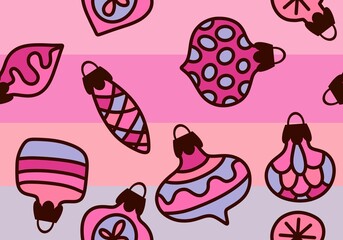 Cartoon Christmas tree balls seamless line art toys pattern for wrapping paper and fabrics and linens and kids