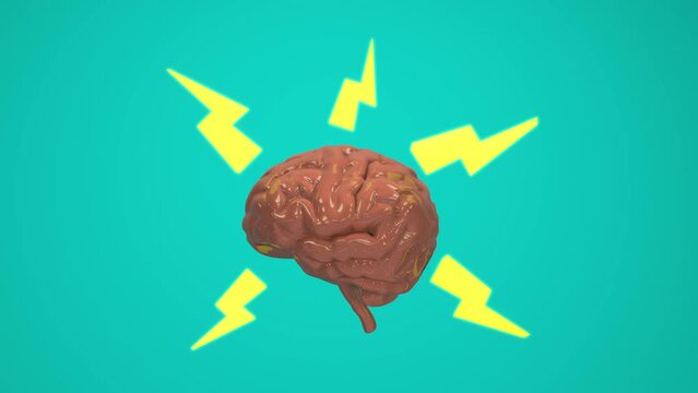 Electric smart brain - Human brain thinking with lightning bolts pulsating from great idea and being smart. 3d render animation