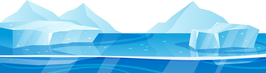 Arctic water nature, winter ocean or sea landscape vector illustration. Cold ice, snow and polar iceberg background. Frost antarctic glacier © Seahorsevector