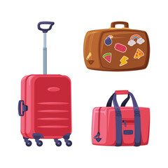 Travel Suitcase with Wheels and Bag with Handle as Packed Luggage for Traveling Vector Set