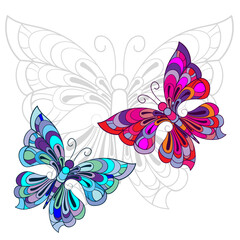 Two Bright stained glass mosaic insect butterflies, blue and pink, design element on a white background