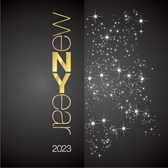 New Year 2023 brochure cover with golden black light lettering typography and sparkle firework on black background