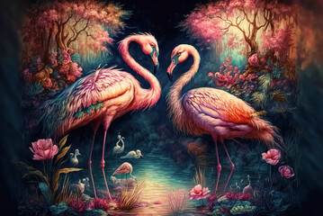 Two flamingos couple standing in lake. Fantasy magical fairy tale landscape with elegant birds.