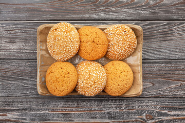 oat cookie on wood background top view