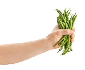 green beans in hand path isolated on white - obrazy, fototapety, plakaty