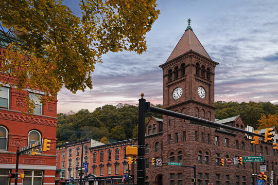 Autumn view of downtown Jim Thorpe PA with the Carbon County Courthouse building clock tower at right