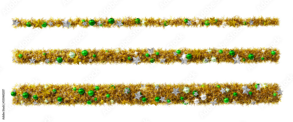 Wall mural Beautiful golden leaves christmas wreath like line set with shiny stars and green orbs, on transparent background (RGBA 3D Rendering PNG)	