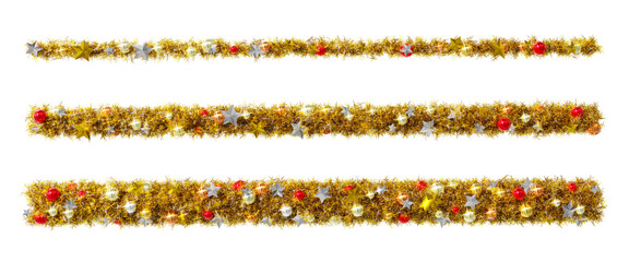 Beautiful golden leaves christmas wreath like line set with shiny stars and colorful orbs, on transparent background (RGBA 3D Rendering PNG)	