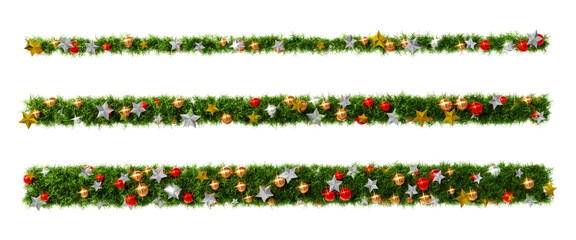 Beautiful christmas wreath like line set with shiny stars and colorful orbs, on transparent background (RGBA 3D Rendering PNG)	