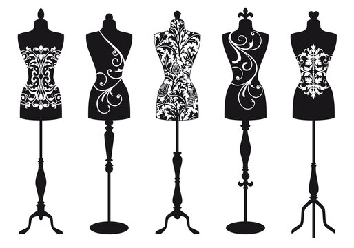 Vintage fashion mannequins, dress forms, tailor's dummy, dressmaker, designer, black and white silhouette, illustration over a transparent background, PNG image
