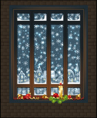 New Year winter window with candle and xmas balls, city background, vector illustration	