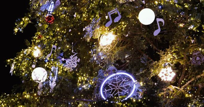 Full frame shot of illuminated christmas decorations on christmas tree in city center of Strasbourg Alsace France