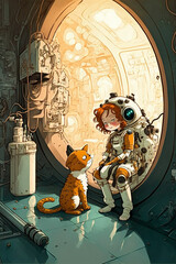 astronaut girl with cat in spaceship, children's illustration