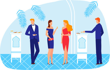 Party banquet, people with flat drink, vector illustration. Cartoon event with wine, luxury celebration for man woman people character.