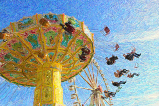 Color pencil sketch of people having fun on a swing ride carousel