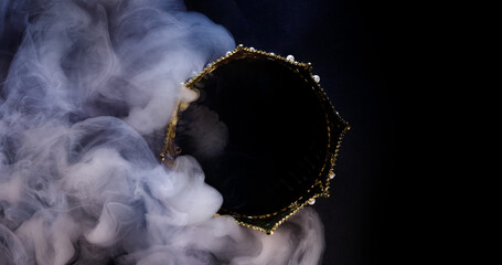 Fabulous golden crown of the king on a dark background. Panoramic view of the fog. Mockup for your...