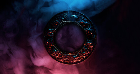 Mysterious zodiac in the fog on a dark background. Wide angle horizontal wallpaper or web banner. Mockup for your logo.