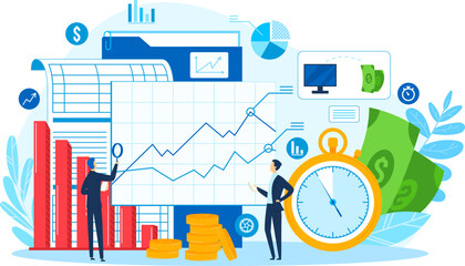 Finance diagram and flat business chart, vector illustration. People character use data graph for management, development. Graphic information report