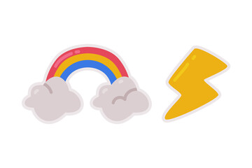 Rainbow with Clouds and Yellow Lightning as Cute Fashion Sticker and Patch Vector Set