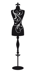 Vintage fashion mannequin, dress forms, tailor's dummy, dressmaker, designer, black and white silhouette, illustration over a transparent background, PNG image