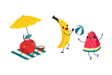 Naklejka premium Banana, Apple and Watermelon as Summer Fruit Character Playing Ball and Drinking Cocktail Vector Set