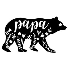 Papa bear, black animal silhouette with floral pattern, family concept, illustration over a transparent background, PNG image