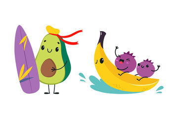 Avocado and Banana as Summer Fruit Character with Surfboard and Swimming in Water Vector Set