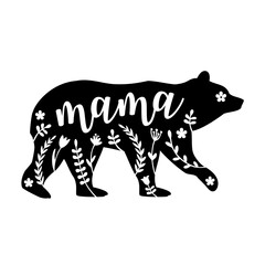 Mama bear, black animal silhouette with floral pattern, family concept, illustration over a transparent background, PNG image